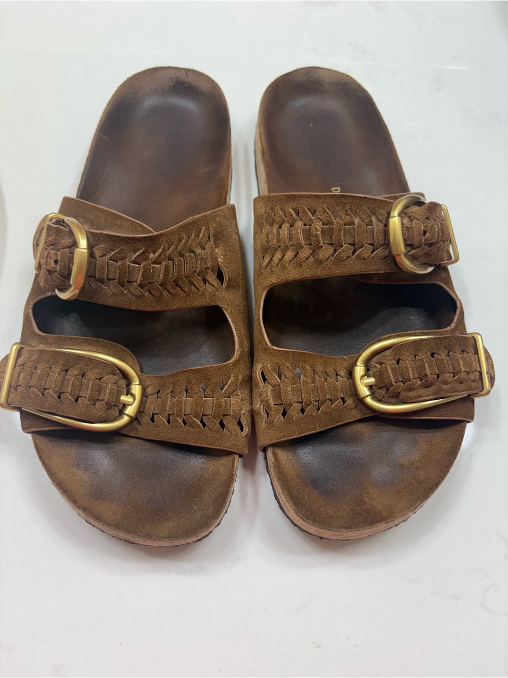 Veronica Beard Brown Suede Double-Band Sandals with Brass Buckles
